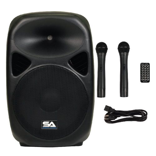  Seismic Audio - RSG-15-Pair - Pair of Powered 15 PA Speakers Rechargeable with 2 Wireless Mics, Remote, Bluetooth, Easy Transport - Tailgate Karaoke Speakers