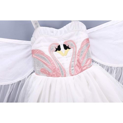  Sejardin Kids Girls White Swan Dress with Wings Cosplay Costume Princess Tutu Tulle Dress