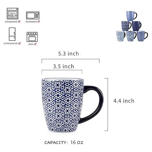  Selamica 16 oz Porcelain Coffee Mugs Set, Ceramic Tea Cup with Handle, dishwasher, oven, microwave safe, Christmas Gift, Pack of 6, Vintage Blue