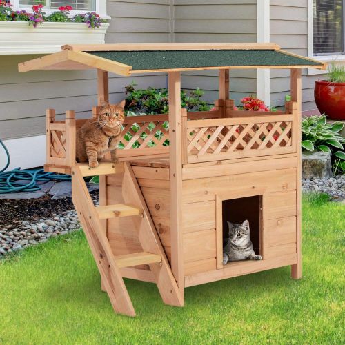  Seleq 2-Story Outdoor Fir Wood Cat Shelter Bed Platform with Roof