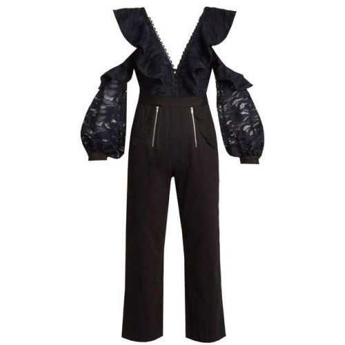  Self-Portrait Self Portrait Open Shoulder Straight Leg Jumpsuit - Womens - Navy