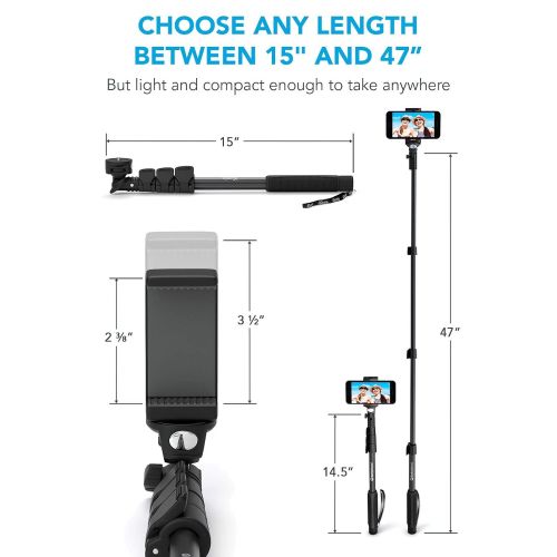  Selfie World Professional 10-In-1 Monopod Selfie Stick For All GoPro Hero, Action Cameras, Cellphones, Digital Compacts with Bluetooth Remote Shutter - Extends 15”- 47”, Weatherproof Shockproof