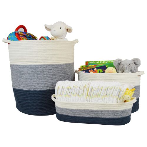  [아마존베스트]Sellaro Home Cotton Rope Diaper Caddy Basket for Nursery Changing Table and Storage | 16” x 6” x 5” Decorative Baby or Kids Room Organizer for Diapers, Wipes, or Small Toys | Blue/Grey/Off-Whit