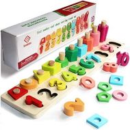 [아마존베스트]Sendida Montessori Math Shapes Puzzle Toys - Toddlers Stacking Wood Blocks Number Toys Stacking Shape Sorting Toys Early Learning Toys for Kids Preschool Counting