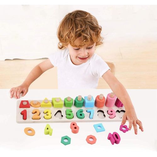  [아마존베스트]Sendida Montessori Math Shapes Puzzle Toys - Toddlers Stacking Wood Blocks Number Toys Stacking Shape Sorting Toys Early Learning Toys for Kids Preschool Counting