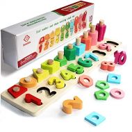 [아마존베스트]Sendida Montessori Math Shapes Puzzle Toys - Toddlers Stacking Wood Blocks Number Toys Stacking Shape Sorting Toys Early Learning Toys for Kids Preschool Counting