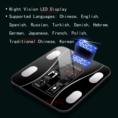  Sensitives Household LED Digital Weight Bathroom Balance Bluetooth Android or iOS Body Fat Scale Floor Scientific Smart Electronic,Black