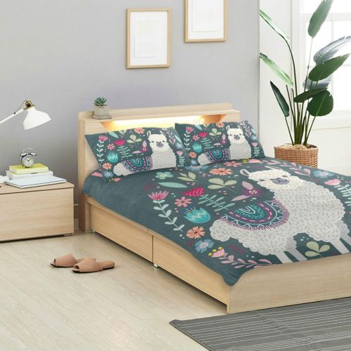  Senya senya Ultra Soft 3pc Duvet Cover Set Hello Cute Llama with Flowers Printed Cotton Luxury Lightweight Microfiber Velvet Warm Cozy Bedding Set for Kids Boys Girls