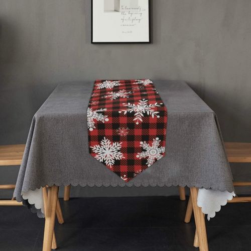  senya Christmas Table Runner, Snowflakes Red Black Plaid Fabric Table Runner Place Mats 13 x 70 inch for Kitchen Dining Wedding Party Table Decor Party Decoration