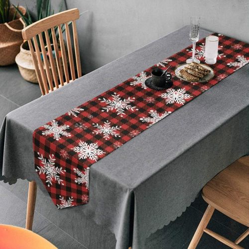  senya Christmas Table Runner, Snowflakes Red Black Plaid Fabric Table Runner Place Mats 13 x 70 inch for Kitchen Dining Wedding Party Table Decor Party Decoration