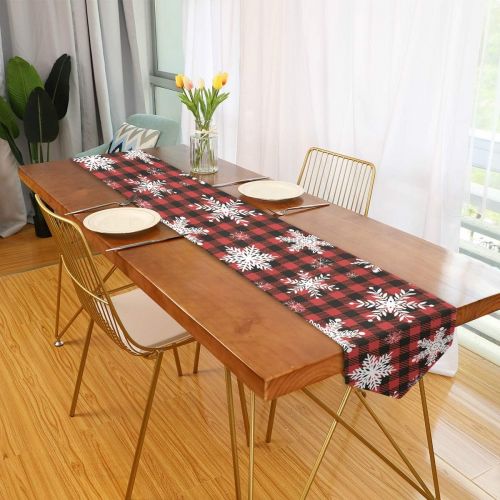  senya Christmas Table Runner, Snowflakes Red Black Plaid Fabric Table Runner Place Mats 13 x 70 inch for Kitchen Dining Wedding Party Table Decor Party Decoration