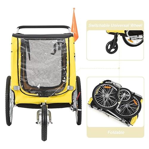  Sepnine & Leonpets Dog Cart of 2 in 1 Large Pet Dog Bike Trailer Bicycle Trailer and Jogger, Foldable Frame with Hand Lock Brakes and Universal Bicycle Coupler (Yellow)