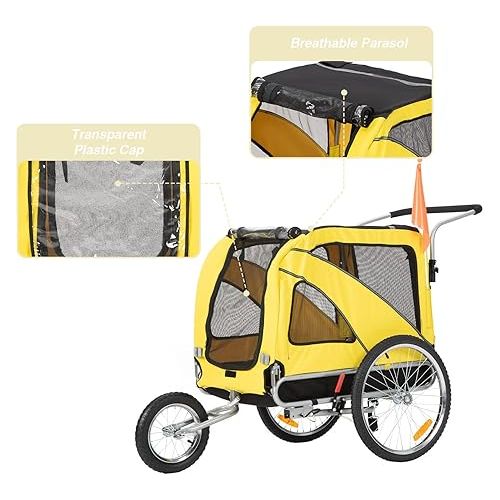  Sepnine & Leonpets Dog Cart of 2 in 1 Large Pet Dog Bike Trailer Bicycle Trailer and Jogger, Foldable Frame with Hand Lock Brakes and Universal Bicycle Coupler (Yellow)