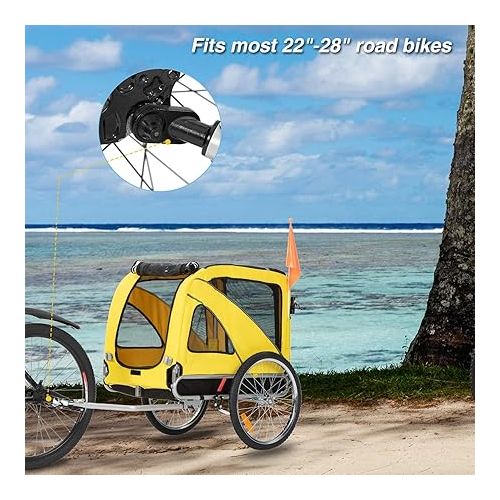  Sepnine & Leonpets Dog Cart of 2 in 1 Large Pet Dog Bike Trailer Bicycle Trailer and Jogger, Foldable Frame with Hand Lock Brakes and Universal Bicycle Coupler (Yellow)