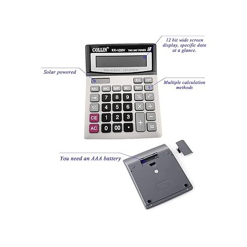  Desk Calculator, 12-Digit Solar Battery Office Calculator with Large LCD Display Big Sensitive Button, Dual Power Desktop Calculators