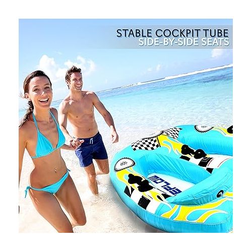  Serene Life Watersports Inflatable Towable Booster Tube - Two Person Water Boating Float Tow Raft, Inflatable Pull Boats/Tubes/Towables w/ Dual Seats, PVC Bladder, Foam Pad, Nylon Handles SLTOWBL10