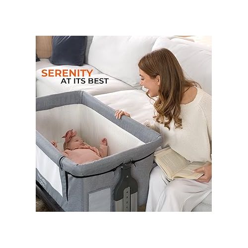  SereneLife Baby Bassinet, Bedside Sleeper for Infant & Newborn, Baby Bed for Safe Co-Sleeping, Easy Folding Portable Crib w/Storage Basket, Adjustable Height, Wheels, All Mesh, w/Travel Bag (Grey)