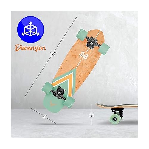  SereneLife Complete Standard Skateboard Mini Cruiser - 6 Ply Canadian & Bamboo Maple Deck Complete Double Kick Skate Board W/ 5