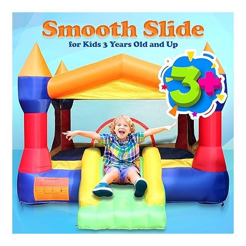  SereneLife Inflatable Bounce House Castle Bouncer - Indoor/Outdoor Portable Jumping Bounce Castle w/Slide, Safety Net - Kids Castle Party Bounce House Velcro Balls Rings, Air Pump, Carry Bag SLIB960