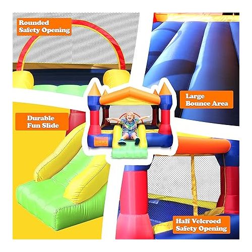  SereneLife Inflatable Bounce House Castle Bouncer - Indoor/Outdoor Portable Jumping Bounce Castle w/Slide, Safety Net - Kids Castle Party Bounce House Velcro Balls Rings, Air Pump, Carry Bag SLIB960