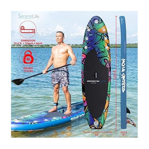  SereneLife Inflatable Stand Up Paddle Board-10Ft. Graffiti Standup SUP Paddle Board w/Oar, Air Pump, Ankle Leash, Paddleboard Repair Kit, Waterproof Mobile Phone Case, Storage/Carry Bag SLSUPB636.5