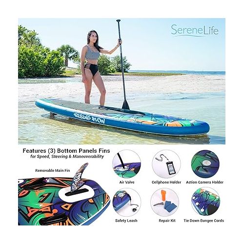  SereneLife Inflatable Stand Up Paddle Board-10Ft. Graffiti Standup SUP Paddle Board w/Oar, Air Pump, Ankle Leash, Paddleboard Repair Kit, Waterproof Mobile Phone Case, Storage/Carry Bag SLSUPB636.5