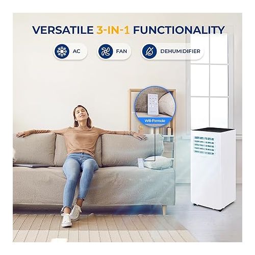  SereneLife Compact Freestanding Portable Air Conditioner - 10,000 BTU Indoor Free Standing AC Unit w/ Dehumidifier & Fan Modes For Home, Office, School & Business Rooms Up To 300 Sq. -SLPAC105W