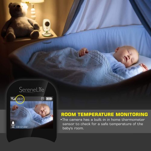  SereneLife Video Baby Monitor Dual System w/ Temperature Thermometer Sleep Camera, Dedicated 2” Digital Color Screen Rechargeable Battery, Audio Speaker and Portable Mobile Clip -