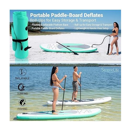  SereneLife Stand up Paddle Board Inflatable - Non-Slip SUP Paddle Board Paddle, Pump, Leash, and Accessories - Fun Water Inflatable Paddle Board for Adults and Youth with Wide Stable Design