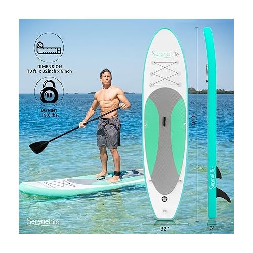 SereneLife Stand up Paddle Board Inflatable - Non-Slip SUP Paddle Board Paddle, Pump, Leash, and Accessories - Fun Water Inflatable Paddle Board for Adults and Youth with Wide Stable Design