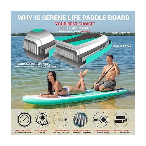  SereneLife Stand up Paddle Board Inflatable - Non-Slip SUP Paddle Board Paddle, Pump, Leash, and Accessories - Fun Water Inflatable Paddle Board for Adults and Youth with Wide Stable Design