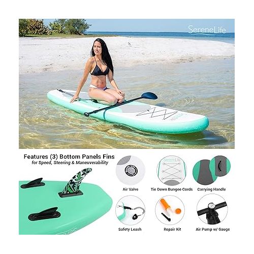  SereneLife Stand up Paddle Board Inflatable - Non-Slip SUP Paddle Board Paddle, Pump, Leash, and Accessories - Fun Water Inflatable Paddle Board for Adults and Youth with Wide Stable Design