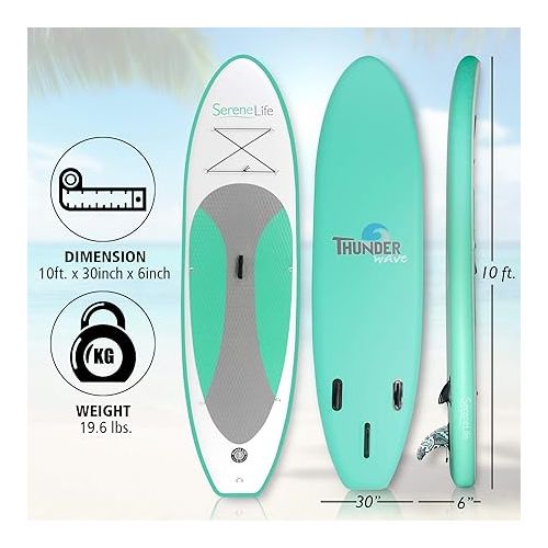  SereneLife AZSLSUPB20 Inflatable Board (6 Inches Thick) with Premium SUP Accessories & Carry Bag | Wide Stance, Bottom Fin for Paddling, Surf Control, Non-Slip Deck | Youth & Adult Standing Boat