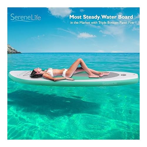  SereneLife AZSLSUPB20 Inflatable Board (6 Inches Thick) with Premium SUP Accessories & Carry Bag | Wide Stance, Bottom Fin for Paddling, Surf Control, Non-Slip Deck | Youth & Adult Standing Boat