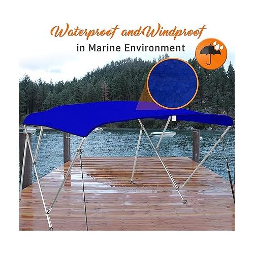  SereneLife 4 Bow Bimini Top Boat Cover - Front Hold-Down Straps and Rear Support Arms, Includes Mounting Hardware with 1 Inch Aluminum Frame (Blue), 4 Bow 8'L x 54