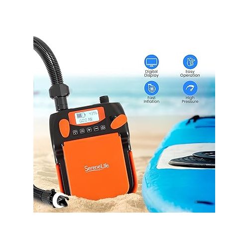  SereneLife Inflatable Paddle Board Pump Compressor - 16PSI High Pressure SUP Inflator - 12V DC Car Connector - Electric Air Pump for Paddle Boards, Boats, Rafts, Pool Toys - Deflation Function