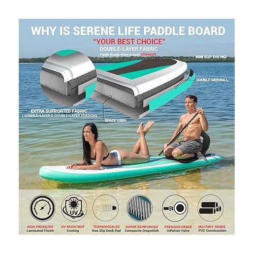  SereneLife Inflatable Stand Up Paddle Board (6 Inches Thick) with Premium SUP Accessories, Seat & Carry Bag | Bottom Fin for Paddling, Surf Control, Non-Slip Deck | Youth & Adult Standing Boat