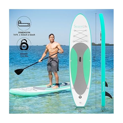  SereneLife Inflatable Stand Up Paddle Board (6 Inches Thick) with Premium SUP Accessories, Seat & Carry Bag | Bottom Fin for Paddling, Surf Control, Non-Slip Deck | Youth & Adult Standing Boat