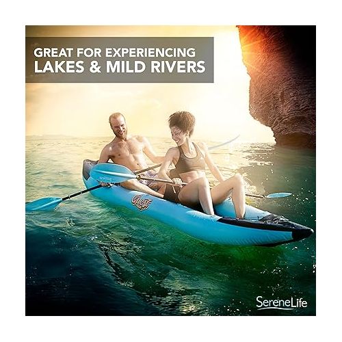  SereneLife 2 Person Inflatable Kayak - Double Kayak with Aluminum Paddles, Repair Kit - Lightweight, Portable Adult Kayaks with High-Output Pump - Durable Vinyl Kayak for Lake, Mild River - Aqua