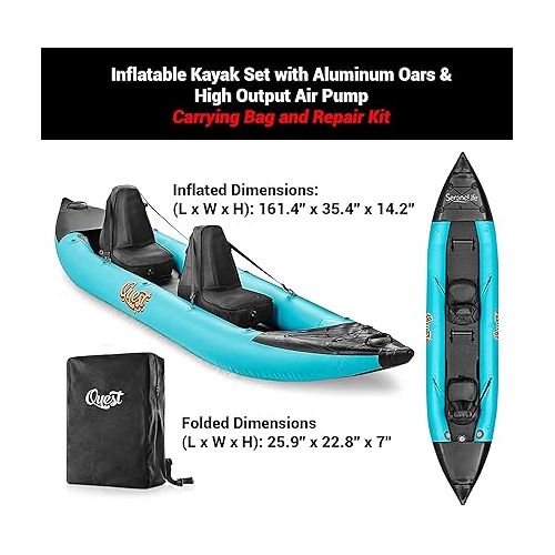  SereneLife 2 Person Inflatable Kayak - Double Kayak with Aluminum Paddles, Repair Kit - Lightweight, Portable Adult Kayaks with High-Output Pump - Durable Vinyl Kayak for Lake, Mild River - Aqua