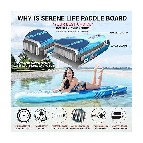  SereneLife Stand Up Paddle Board Inflatable - 10 Ft. Standup SUP Paddle Board w/Oar, Manual Air Pump, Safety Leash, Paddleboard Repair Kit, Waterproof Mobile Phone Case, Storage/Carry Bag