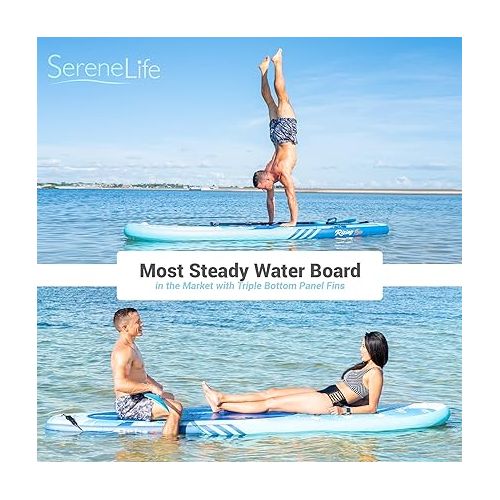  SereneLife Stand Up Paddle Board Inflatable - 10 Ft. Standup SUP Paddle Board w/Oar, Manual Air Pump, Safety Leash, Paddleboard Repair Kit, Waterproof Mobile Phone Case, Storage/Carry Bag