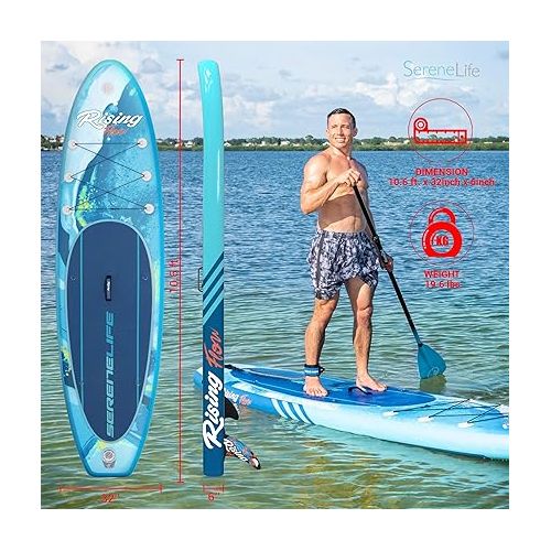  SereneLife Stand Up Paddle Board Inflatable - 10 Ft. Standup SUP Paddle Board w/Oar, Manual Air Pump, Safety Leash, Paddleboard Repair Kit, Waterproof Mobile Phone Case, Storage/Carry Bag