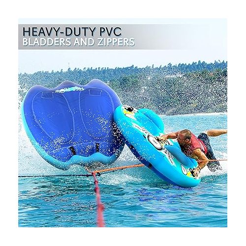  Watersports Inflatable Towable Booster Tube - Two Person Water Boating Float Tow Raft, Inflatable Pull Boats/Tubes/Towables w/Dual Seats, PVC Bladder, Foam Pad, Nylon Handles