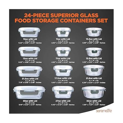  SereneLife 24-Piece Food Glass Storage Containers - Superior Glass Food Storage Set, Stackable Design with Newly Innovated Hinged Locking lids, 11 To 35 Oz. Capacity, Gray - SLGL24GY