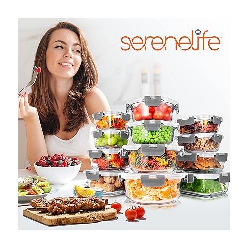  SereneLife 24-Piece Food Glass Storage Containers - Superior Glass Food Storage Set, Stackable Design with Newly Innovated Hinged Locking lids, 11 To 35 Oz. Capacity, Gray - SLGL24GY