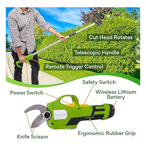  Serenelife Cordless Pruning Shears & Branch Cutter - Electric Pruner with 6 feet of Extension Reach - Rechargeable Battery & .98 IN Cutting Diameter - Ideal for Bushes, Roses, Gardens & Branches