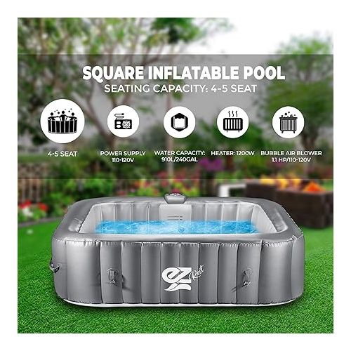  SereneLife Outdoor Portable Hot Tub - 73'' x 73'' x 25'' 6-Person Square Inflatable Heated Pool Spa with 130 Bubble Jets, Filter Pump, Cover, LED Lights, and Remote Control