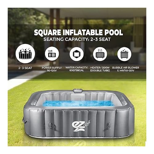  SereneLife Outdoor Portable Hot Tub - 57'' x 57'' x 25'' 4-Person Square Inflatable Heated Pool Spa with 100 Bubble Jets, Filter Pump, Cover, LED Lights, and Remote Control