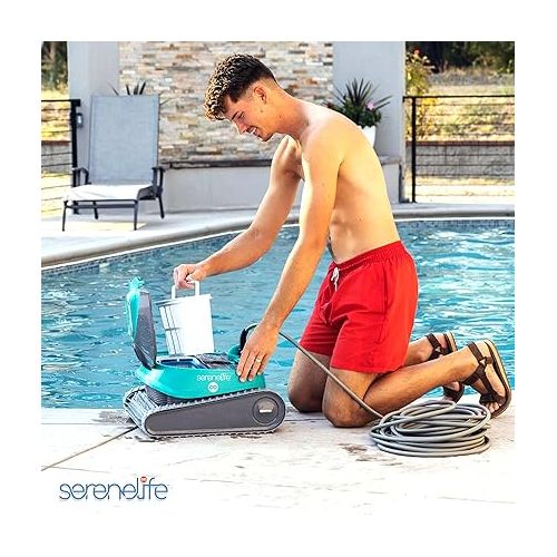  SereneLife Robotic Pool Cleaner, 3 Motor Automatic Pool Vacuum with Dual Brushes, Wall-Climbing Robot, Extensive 50ft Cleaning Range for Indoor and Outdoor Pools